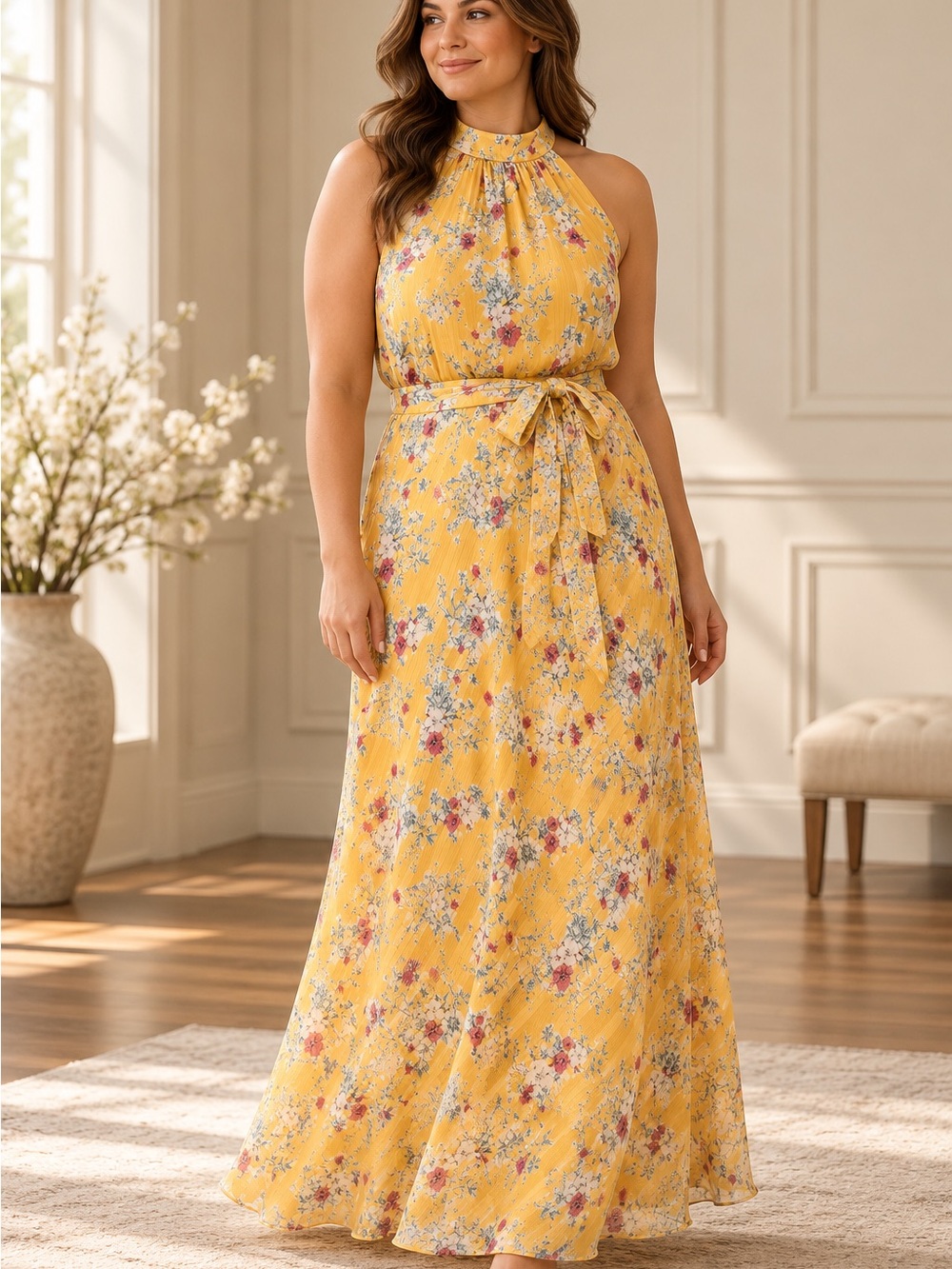 Adrianna Papell Yellow Floral Halter-Neck Maxi Dress with Waist Tie